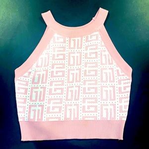 Thin snug u neck crop top pink and white